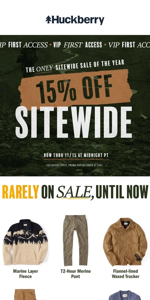 Email from Huckberry. Sitewide Sale: The First. The Only. The Best.