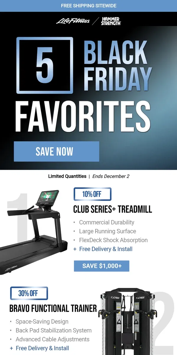 Email from Life Fitness. [SELLING FAST] 5 Black Friday Favorites + Free Shipping Sitewide