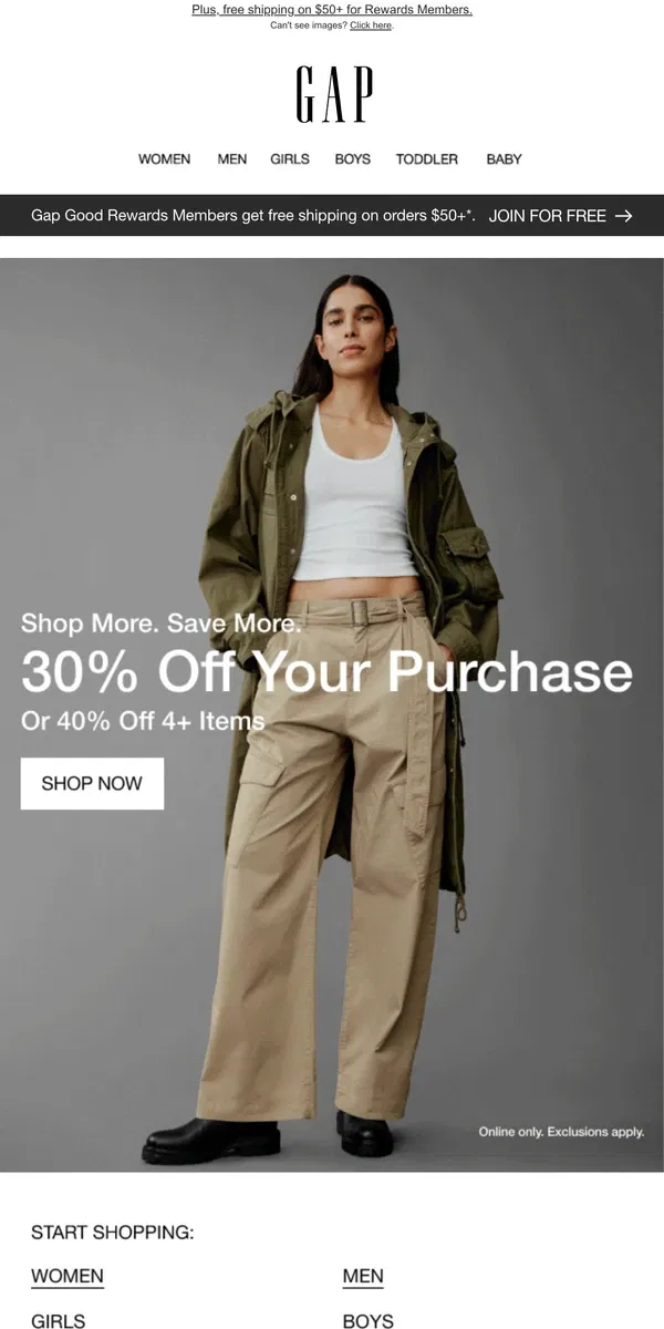 Email from GAP. Enjoy 40% off your entire purchase of 4+ items