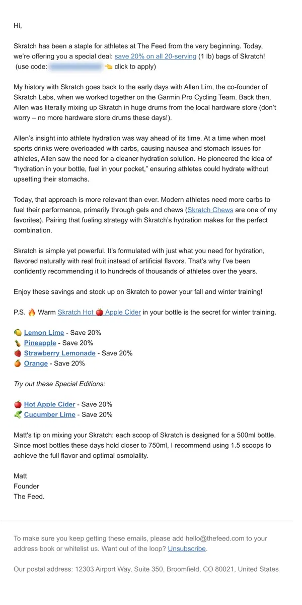 Email from The Feed. Hydrate Smarter with Skratch Labs: Save 20%