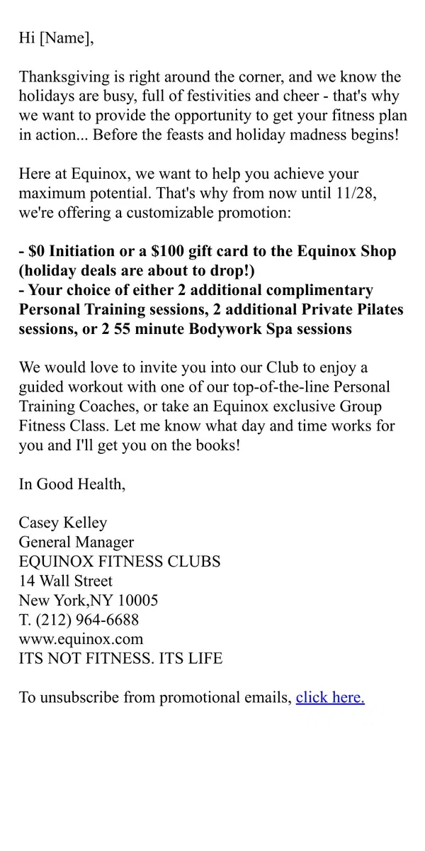 Email from Equinox. Giving Starts Now - EQX