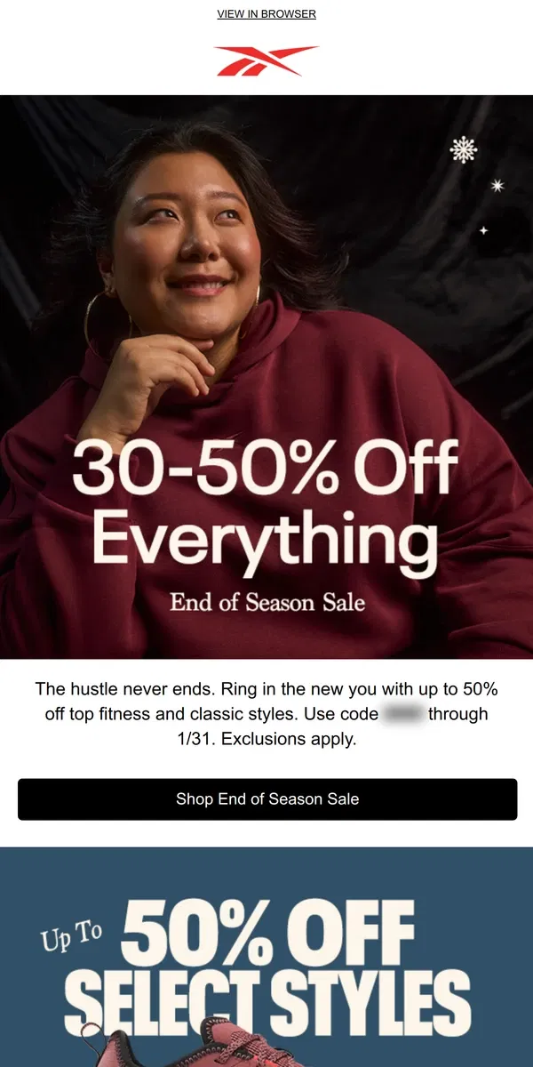 Email from Reebok. Ring it in with up to 50% off