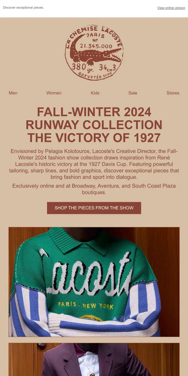 Email from Lacoste. Fall-Winter 2024 Fashion Show Collection