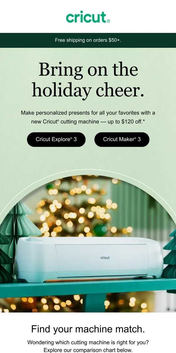 Email from Cricut. ‘Tis the Season to Save on Machines 💚