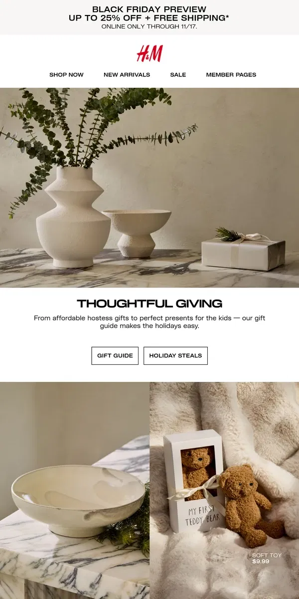 Email from H&M. Thoughtful home decor gifts