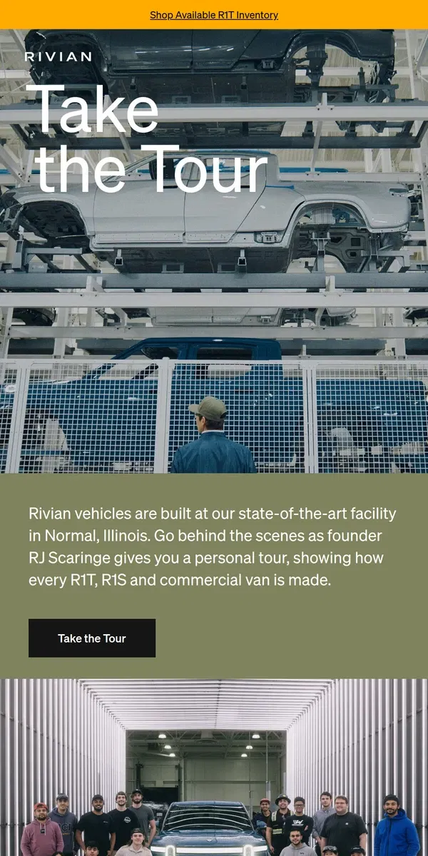 Email from Rivian. Take a Tour of the Rivian Plant