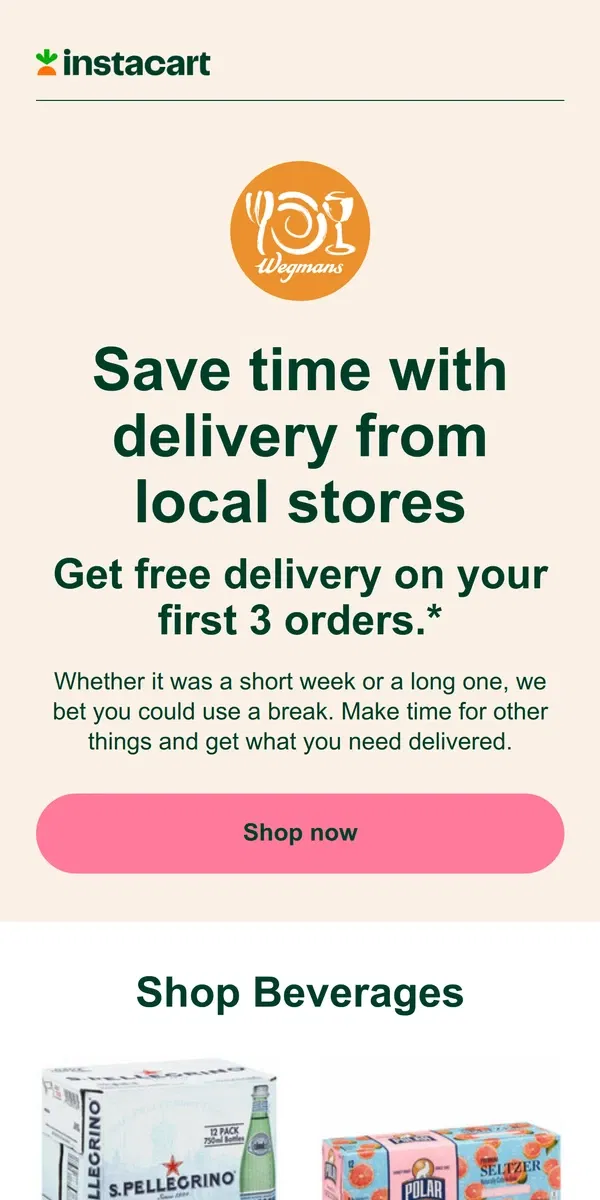 Email from Instacart. Get delivery from Wegmans through Instacart!