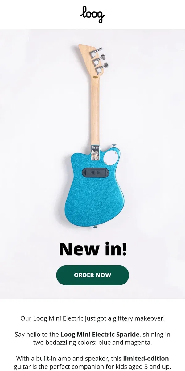 Email from Loog Guitars. Meet the Loog Mini Electric Sparkle