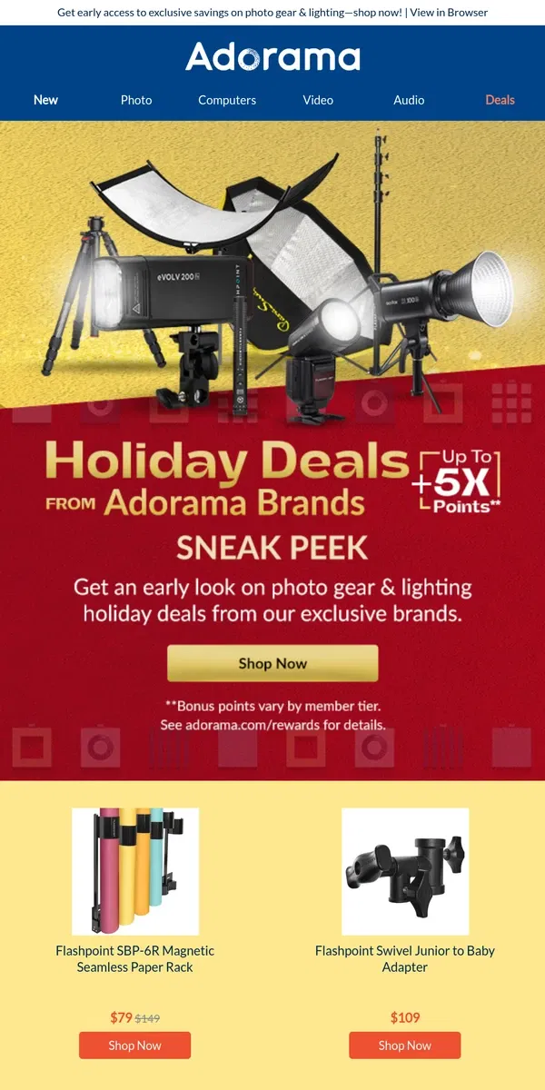 Email from Adorama. Sneak Peek: Holiday Deals with Up to 5X Points on Adorama Brands! 🎁