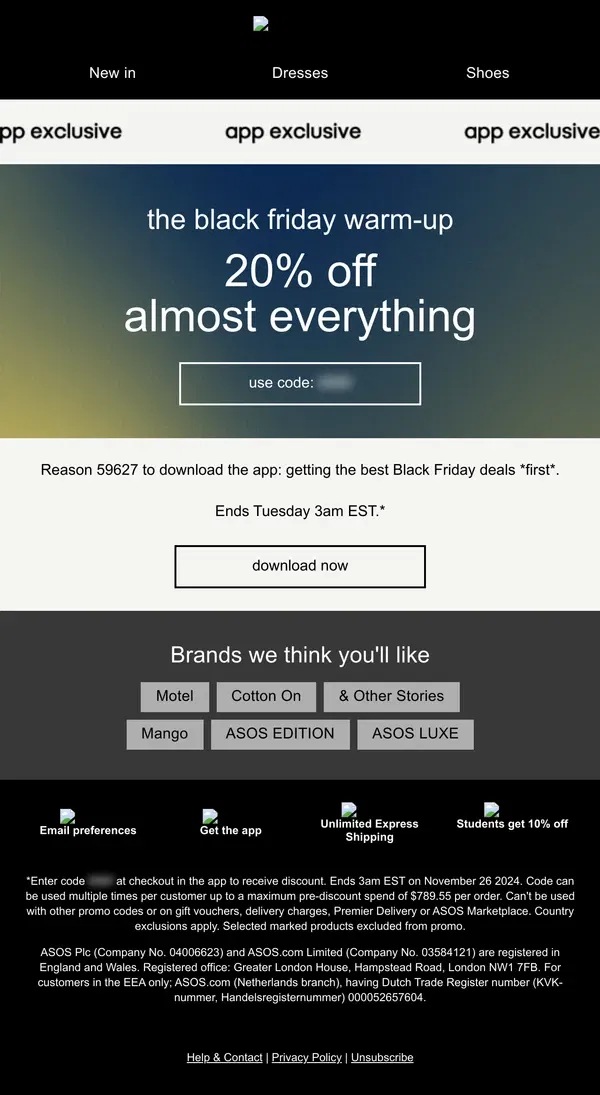 Email from ASOS. App exclusive: 20% off almost everything!