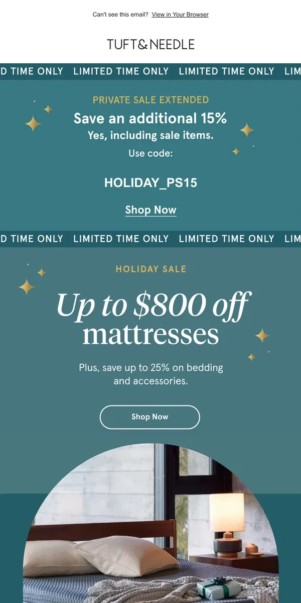 Email from Tuft & Needle. MAJOR savings on mattresses