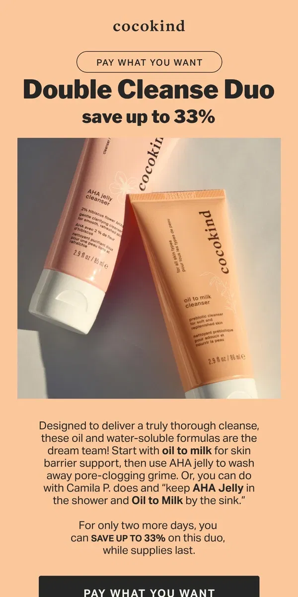 Email from cocokind. $12 off Double Cleanse Duo