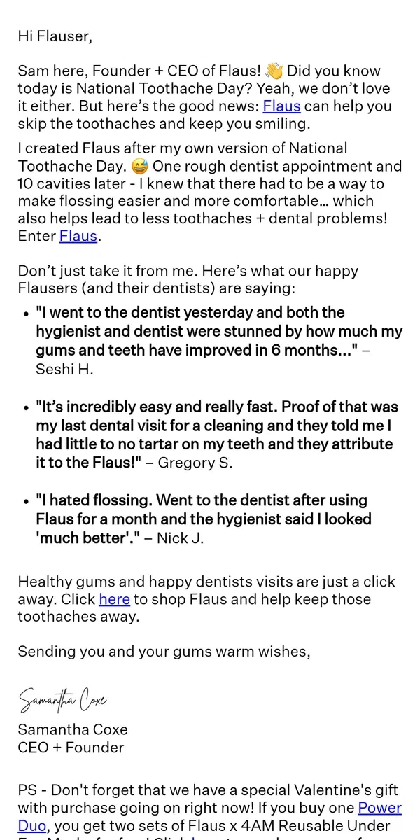 Email from Flaus. National Toothache Day? Not With Flaus 🦷