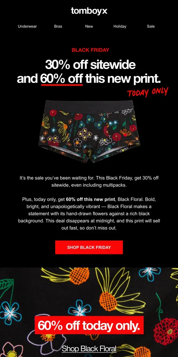 Email from TomboyX. Black Friday is Here 🖤 30% Off Sitewide