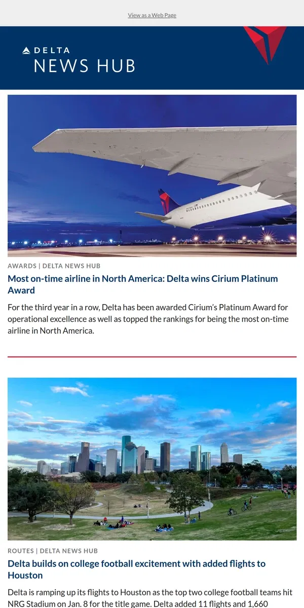 Email from Delta Air Lines. Delta ushers in 2024 with a new award, added flights and more