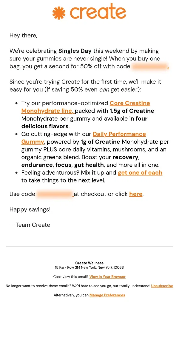 Email from Create Wellness. 👀Want 50% Off?👀