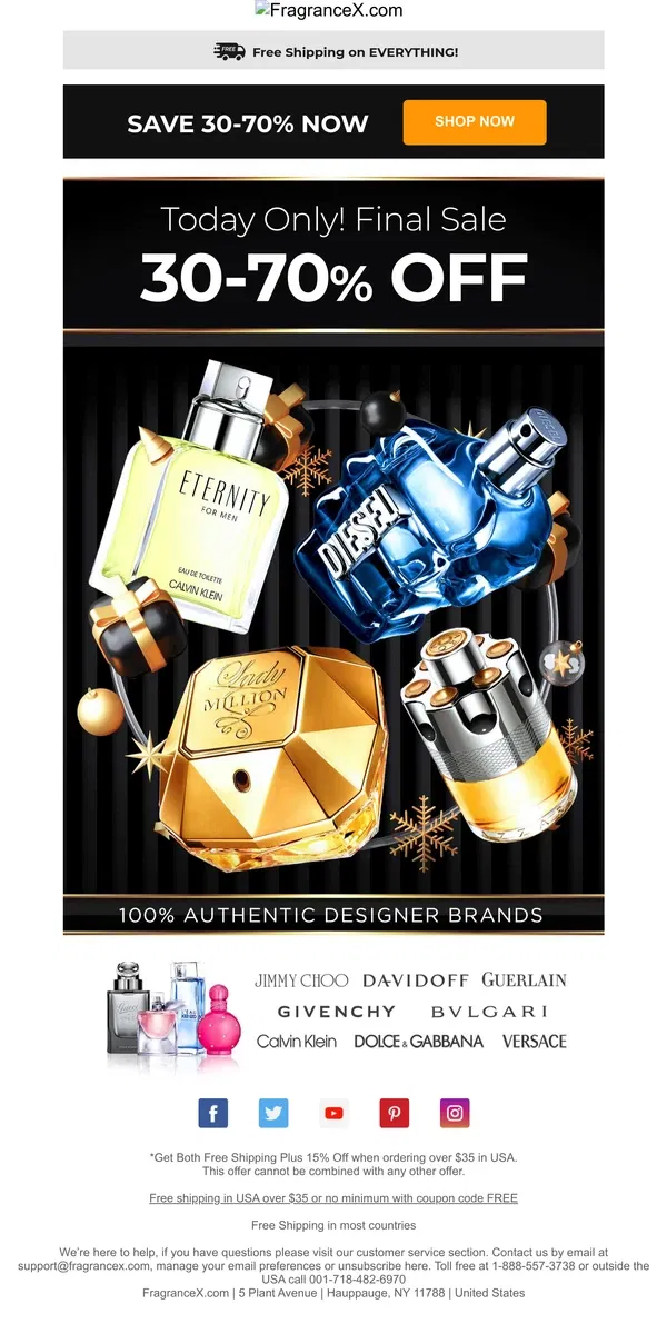 Email from FragranceX. Today Only!   30 - 70% Off Final New Years Sale