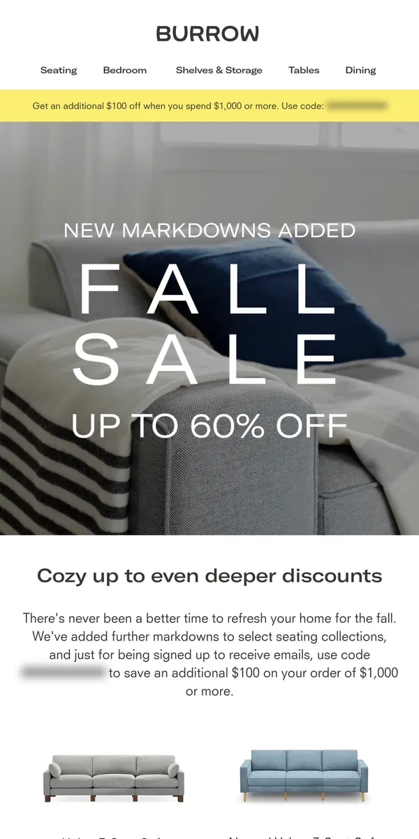 Email from Burrow. Announcing deeper Fall Sale markdowns