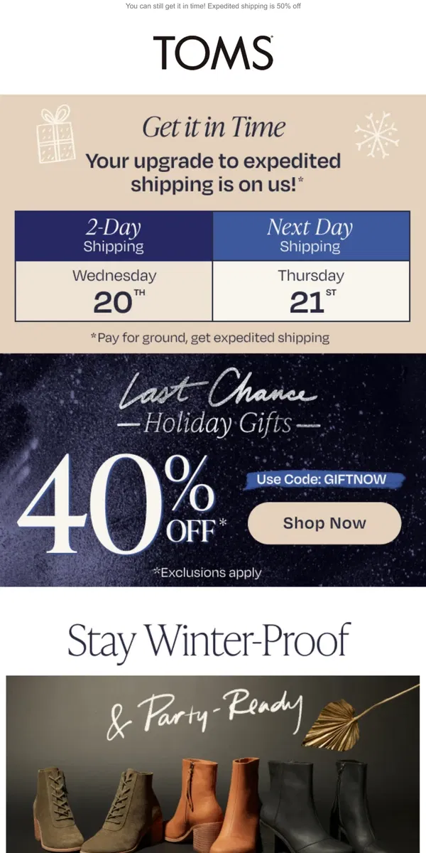 Email from TOMS. 40% OFF | Holiday dressy, extra comfy