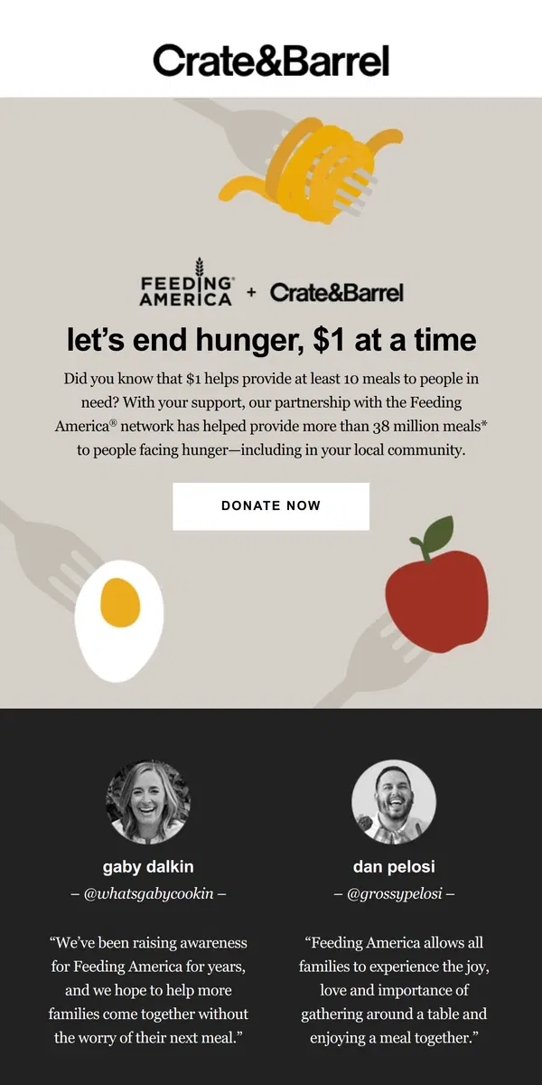 Email from Crate & Barrel. Let’s end hunger together this Giving Tuesday →