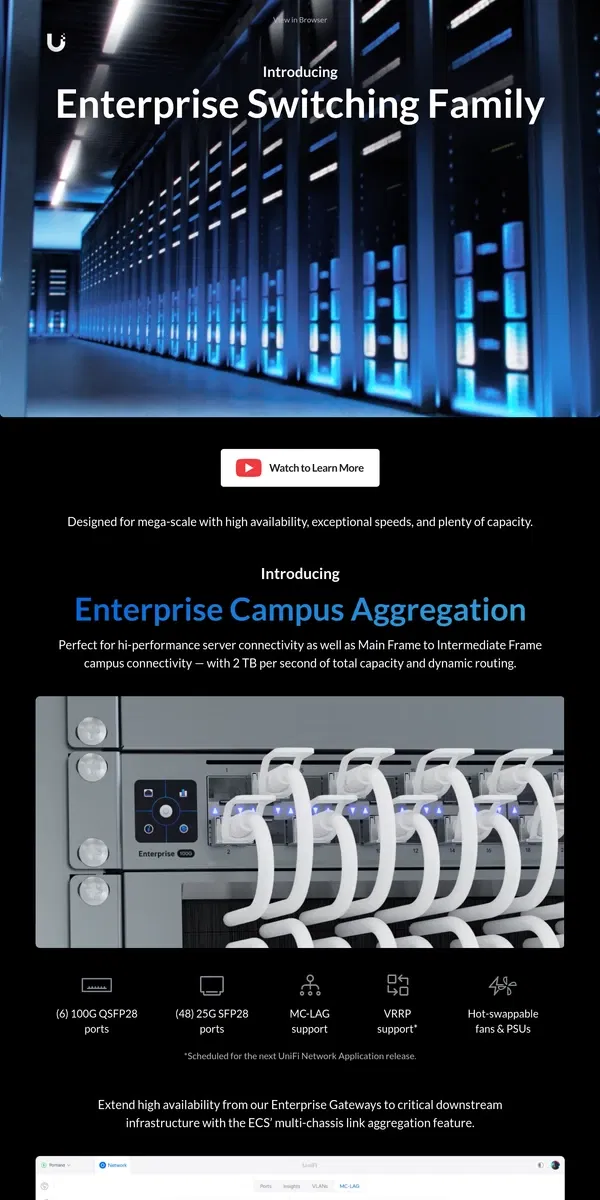 Email from Ubiquiti. Introducing Enterprise Campus Switching