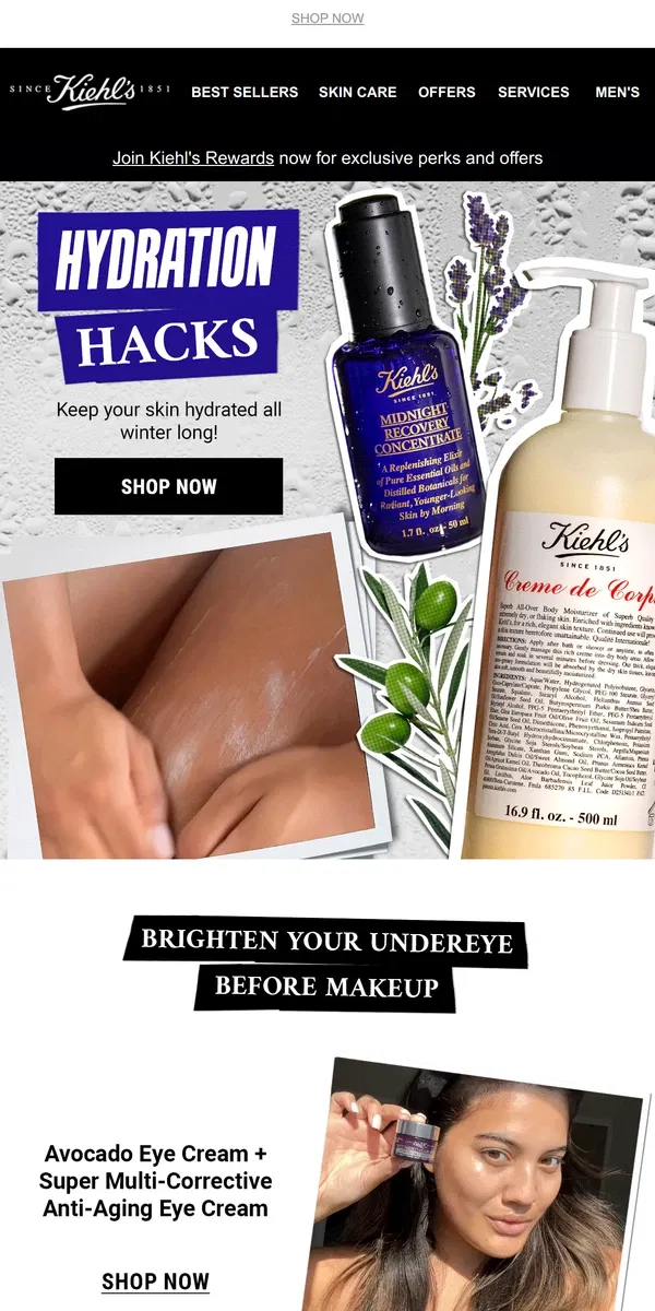 Email from Kiehl's. 💧Hydration Tips and Tricks 💧