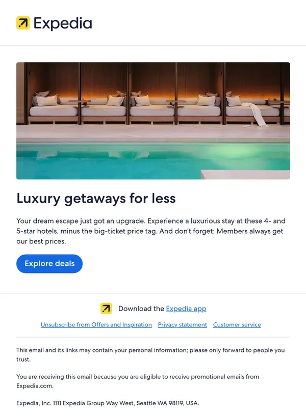 Email from Expedia. Plan your luxury getaway for less