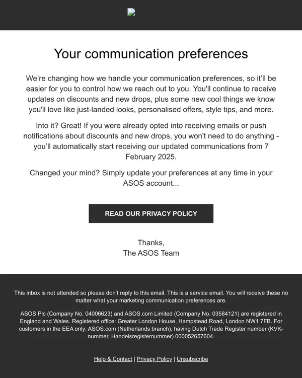 Email from ASOS. We've updated your communication preferences