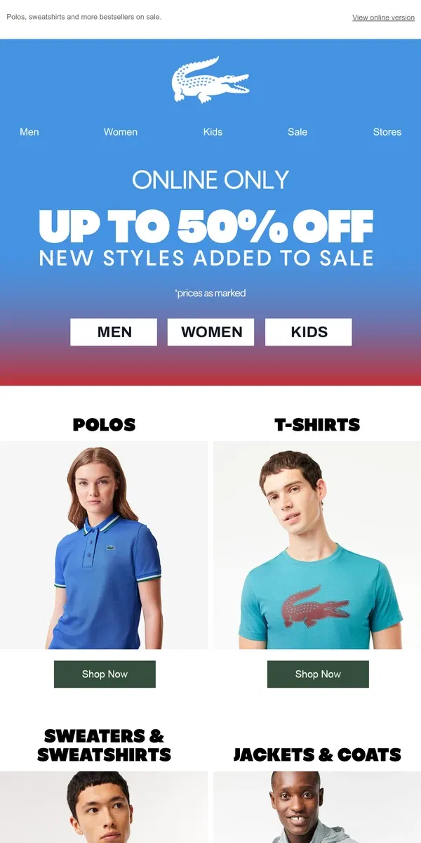 Email from Lacoste. Ends Tomorrow: Up to 50% Off New Markdowns