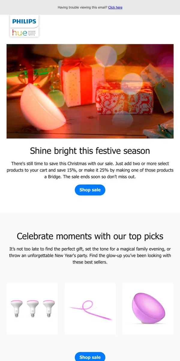 Email from Philips Hue. Last chance to save up to 25% with our Festive sale 🛍️