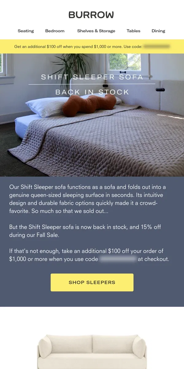 Email from Burrow. Our best selling sleeper sofa is back in stock