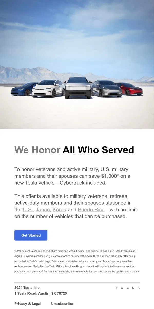 Email from Tesla. For Those Who Served—Thank You