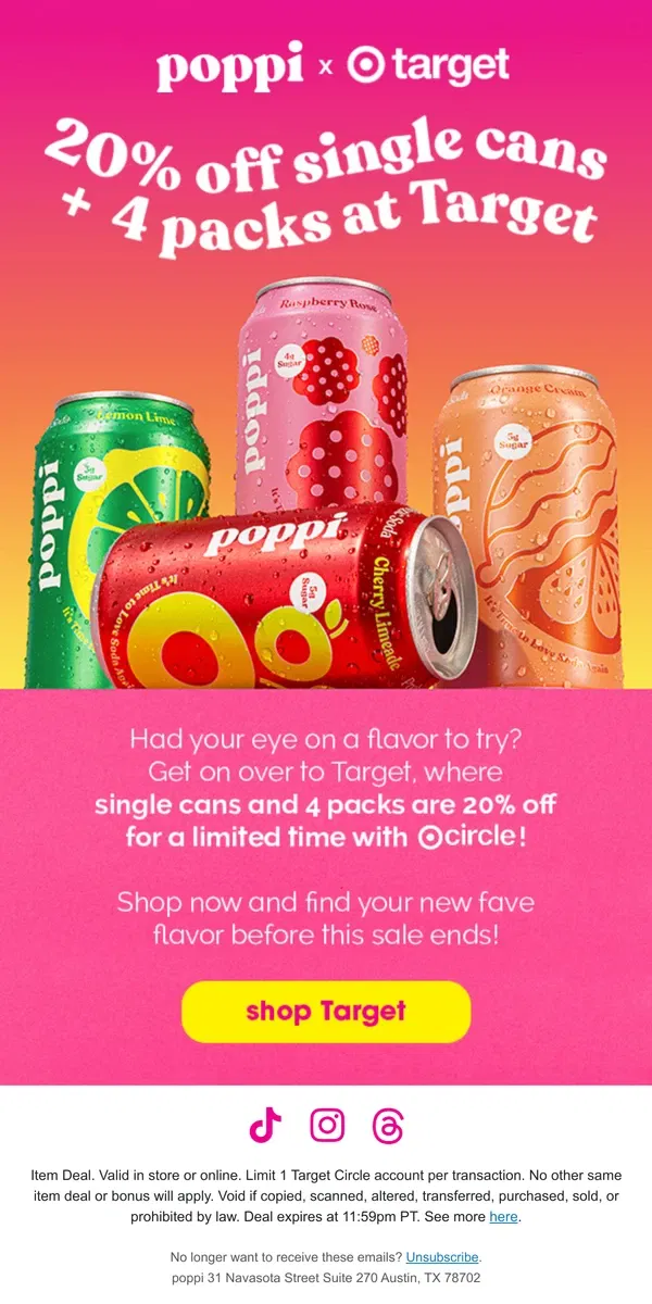 Email from poppi. 20% off single cans + 4 Packs at Target 🎯😮