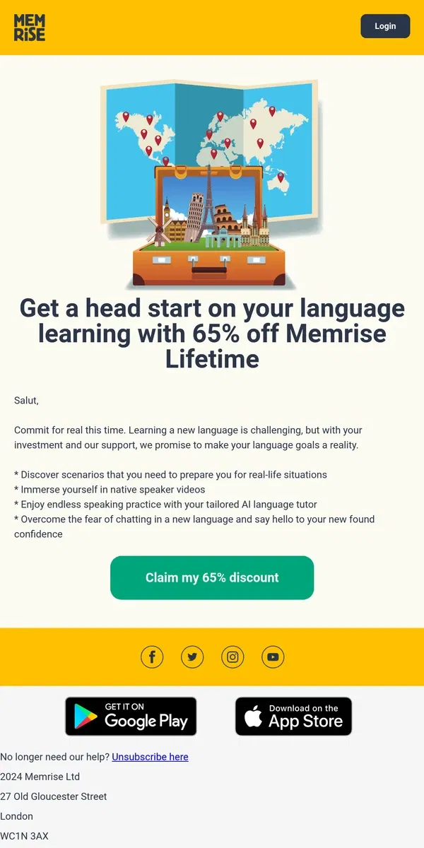 Email from Memrise. 48 hours left to unlock 65% off and start speaking for real