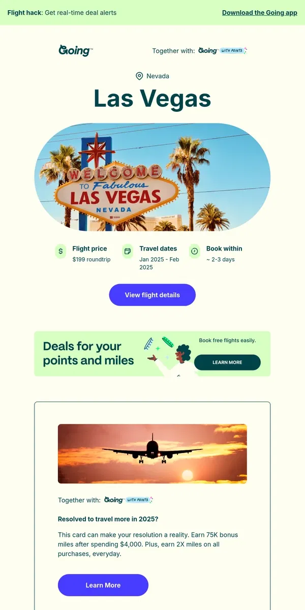 Email from Going. 🎰 *nonstop* Las Vegas —  $199 (Jan-Feb)