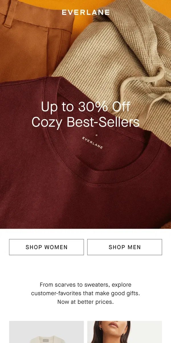 Email from Everlane. Up to 30% Off Cozy Best-Sellers