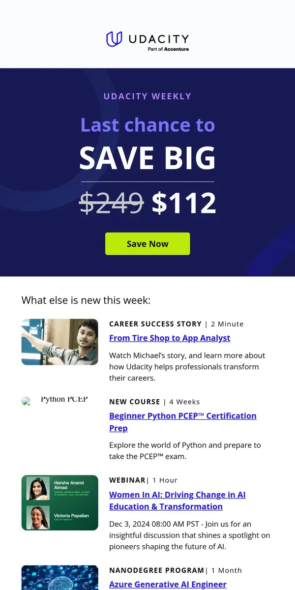 Email from Udacity. Udacity Weekly: Last Chance for Black Friday Savings