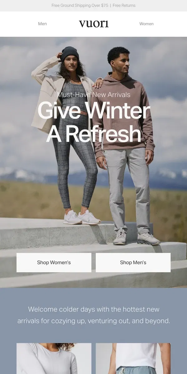 Email from Vuori. New Arrivals For Cold Days