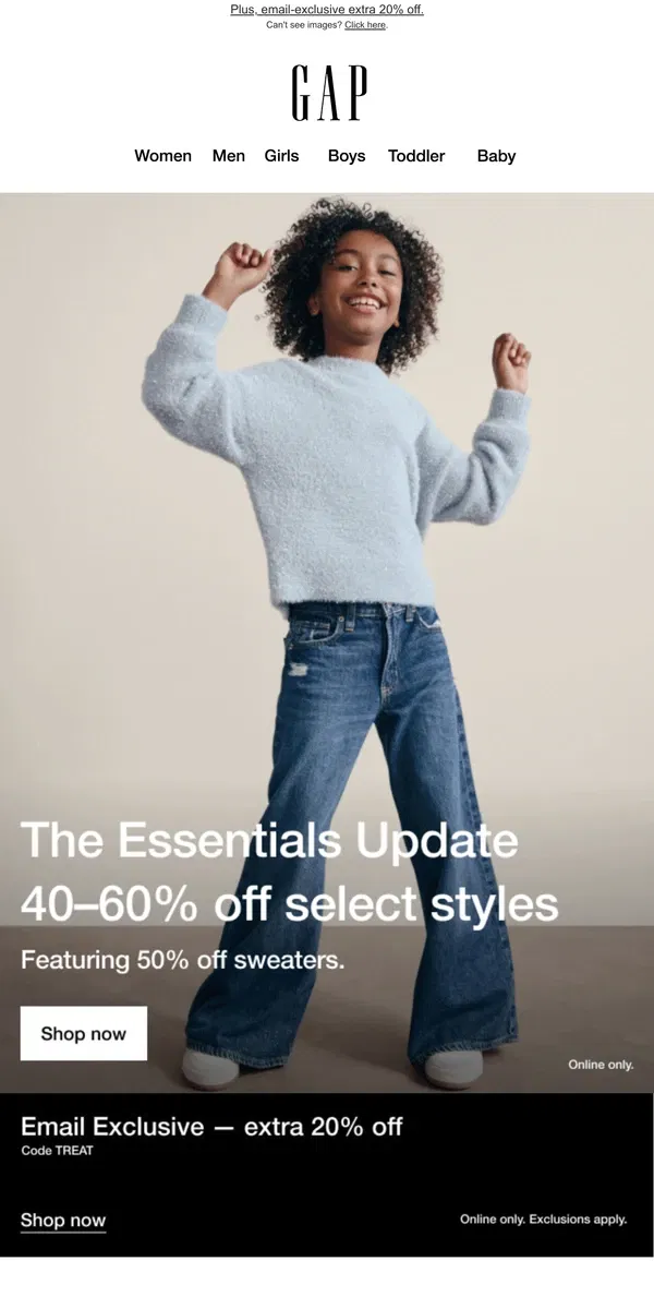 Email from GAP. Your new favorite sweater is half off + 40–60% off select styles