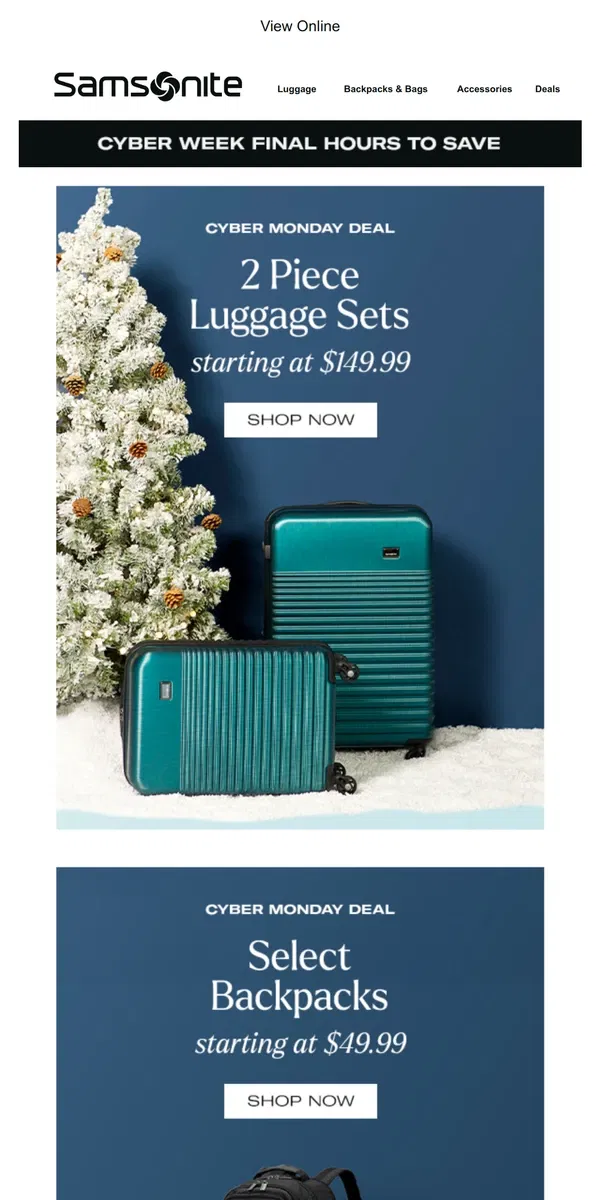 Email from Samsonite. 🚨 CYBER WEEK FINAL HOURS: Luggage Sets Starting at $149.99