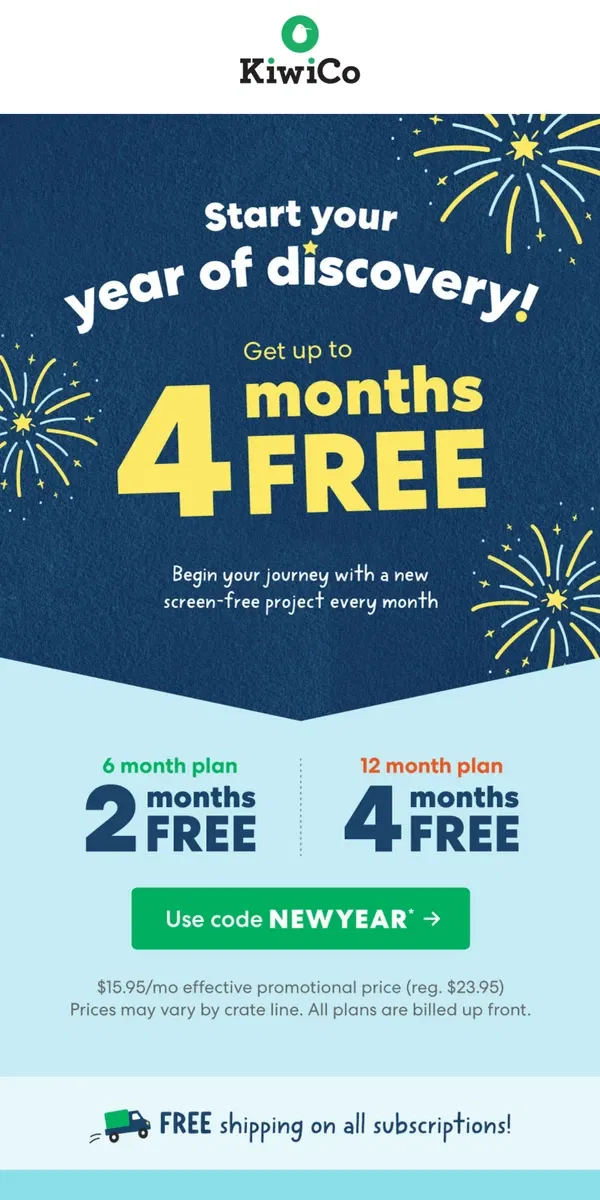 Email from KiwiCo. Get up to 4 Months FREE!