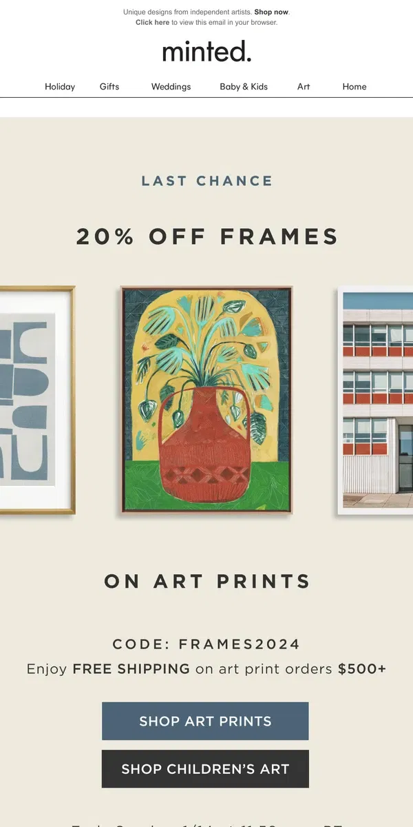 Email from Minted. Final hours: 20% off frames