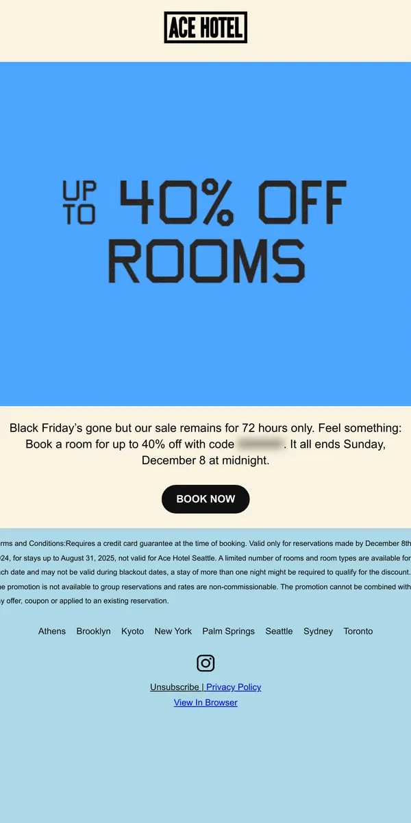 Email from Ace Hotel. Final 72 hours for up to 40% off