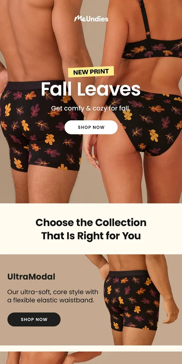 Email from MeUndies. NEW Fall Leaves Print