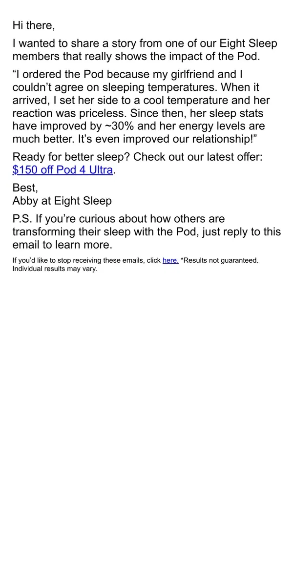 Email from Eight Sleep. How the Pod transformed their sleep–and relationship