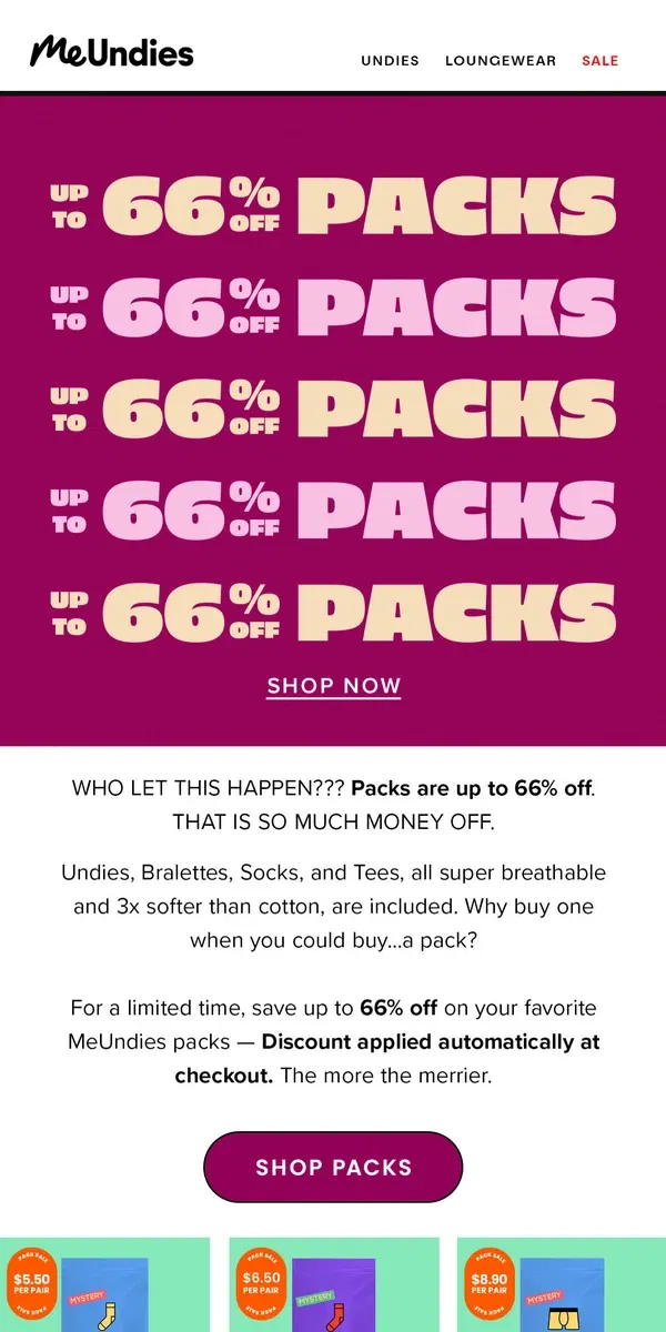 Email from MeUndies. 🚨 Alert 🚨Packs Are Up to 66% Off