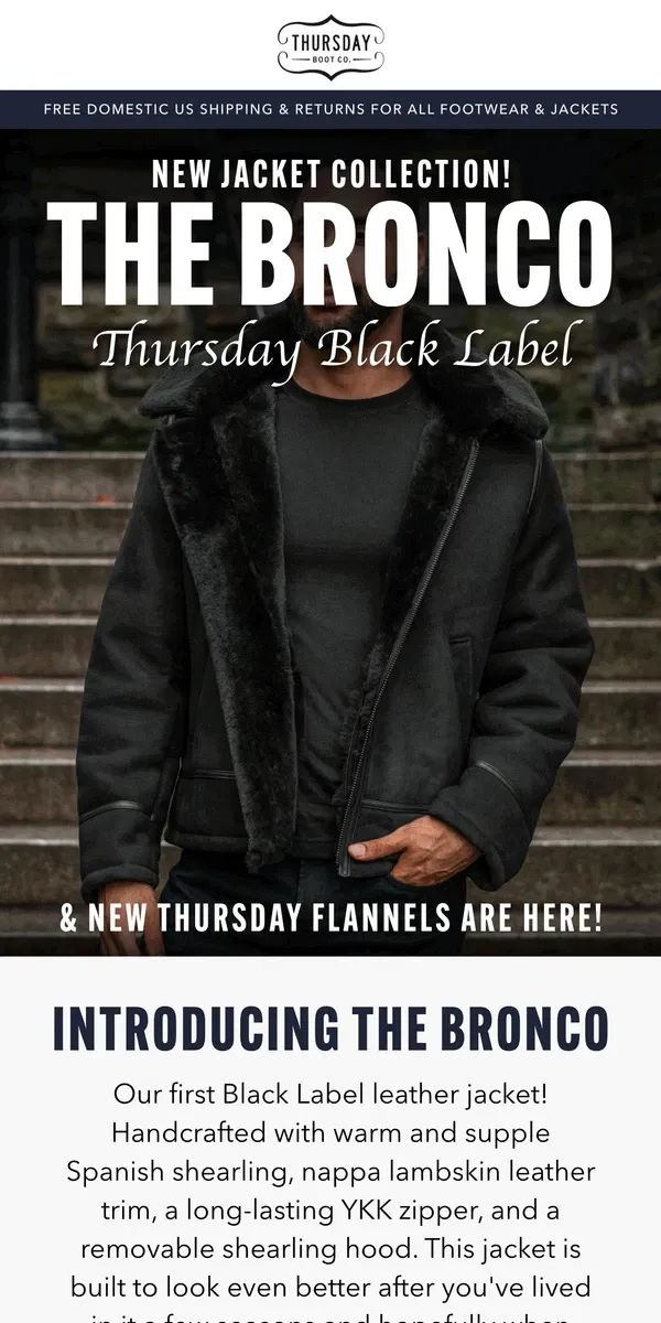 Email from Thursday Boot Company. New Black Label Jackets & More!