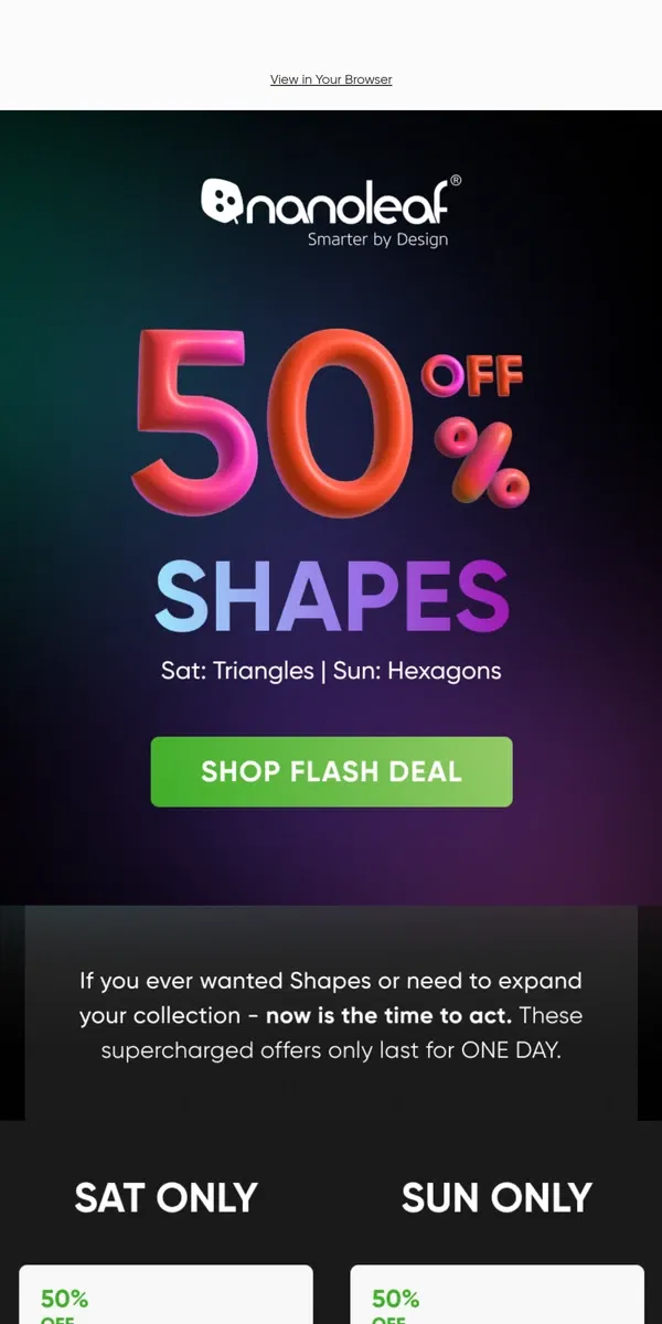 Email from Nanoleaf. 50% OFF SHAPES