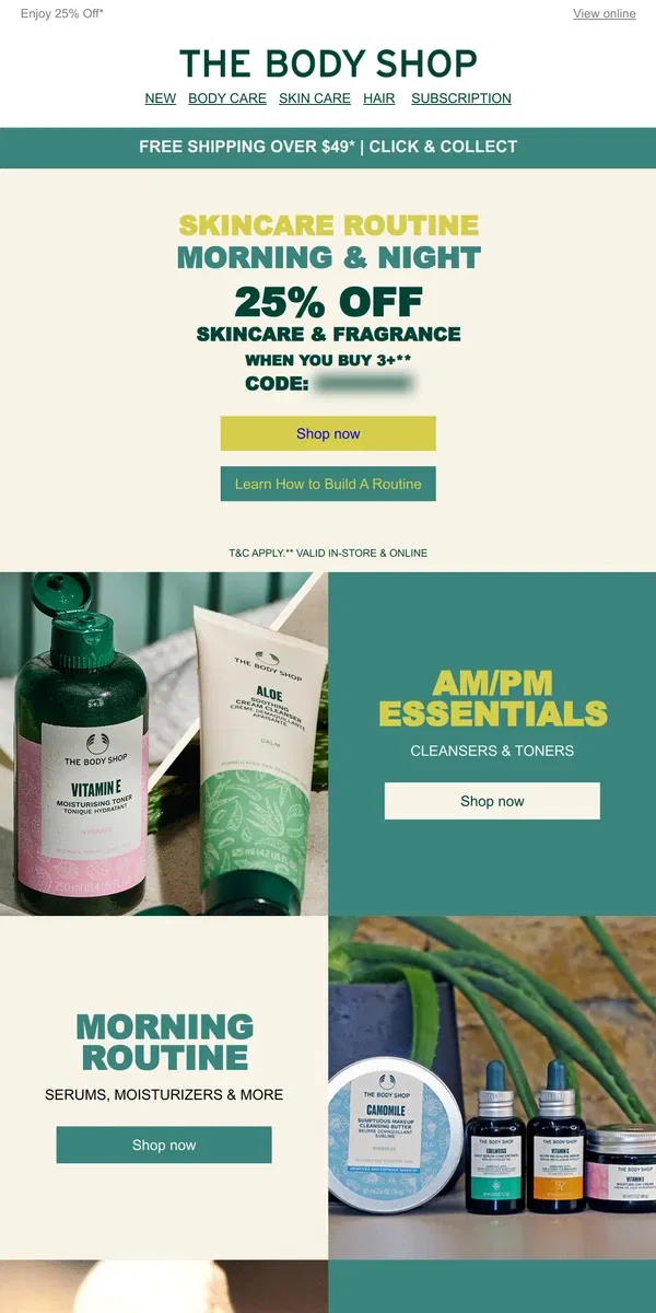 Email from The Body Shop. Morning and Night Skincare Refresh