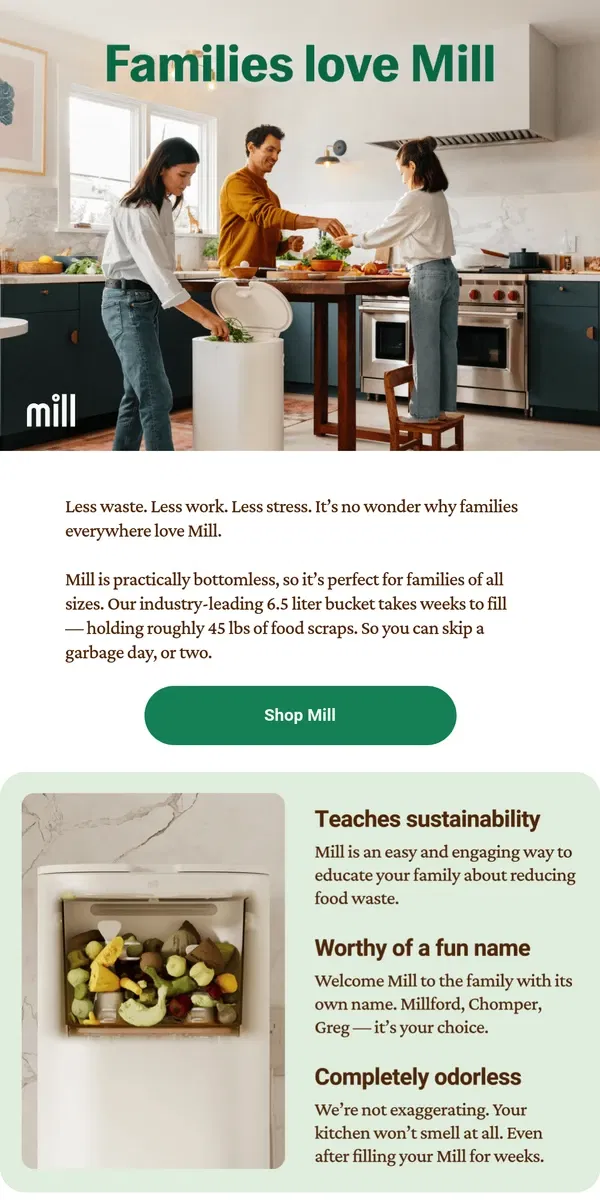 Email from Mill. Less waste. And less work.